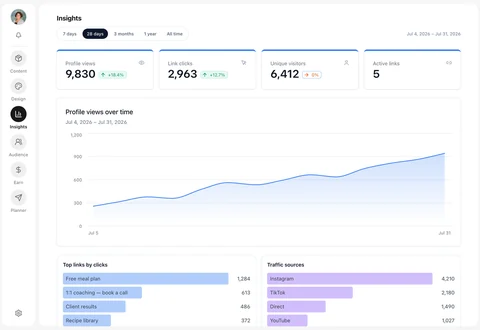 The Alllinks Insights tab — profile views, link clicks and unique visitors over time, with the top performing links listed beneath