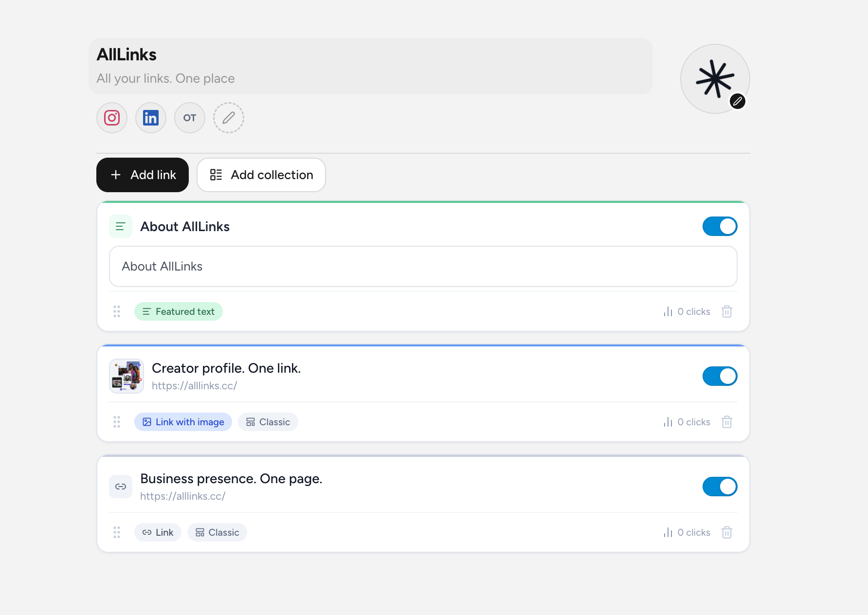 Alllinks dashboard — manage all your content from one place: add links, collections, About text, creator profile and business presence cards