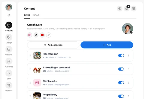 The Alllinks Content tab — links, collections and blocks in a reorderable list, each with its own click count and on/off switch