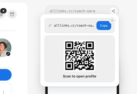 The Alllinks share panel — the profile URL, a scannable QR code and a one-tap Save contact card