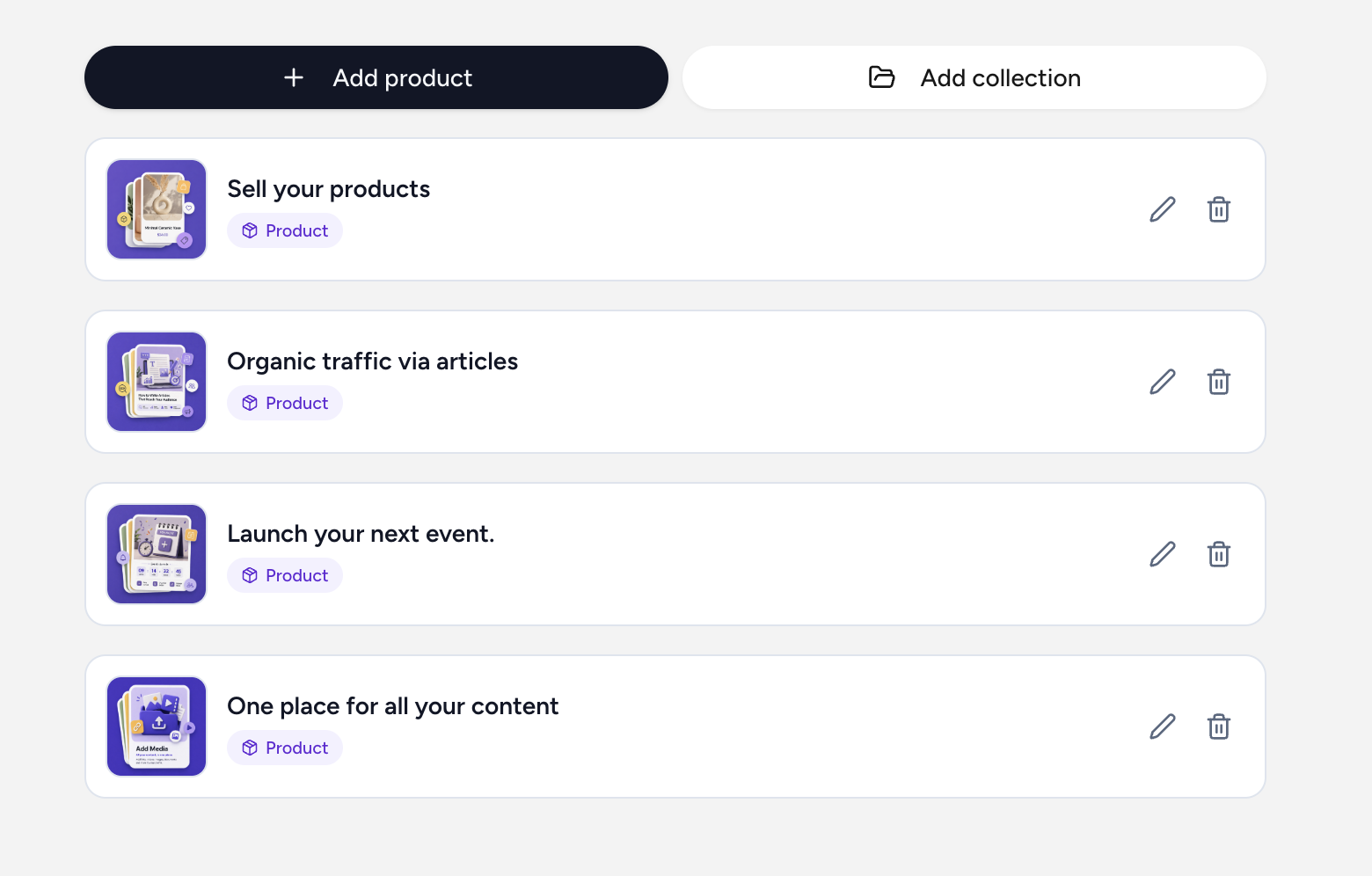 Alllinks shop dashboard — sell products, services, articles and digital downloads. Add products and collections directly from your bio with no extra store needed