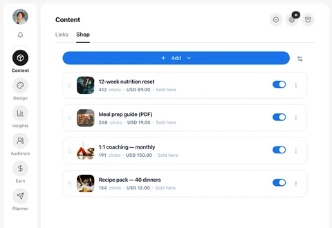 The Alllinks Shop tab — products listed with their images and prices, ready to publish to the profile
