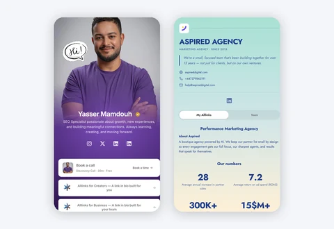 Two live Alllinks profiles side by side — a creator page and a business page, each with its own colours, header and buttons